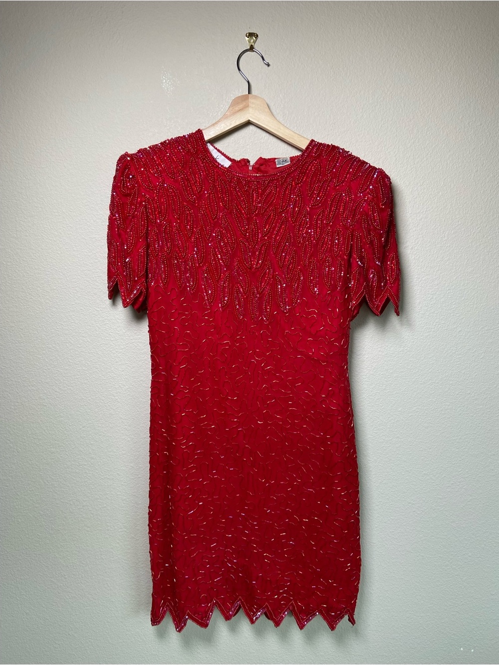 Laurence Kazar Red Beaded Short Sleeve Silk Vintage Coctail Dress Petite Large